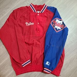 VTG STARTER Philadelpia Phillies Mens XL Red Blue Snap Pullover Windbreaker